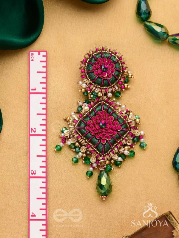 Ardramanjari - The Peony Cluster - Resham, Beads And Glass Drops Hand Embroidered Earrings