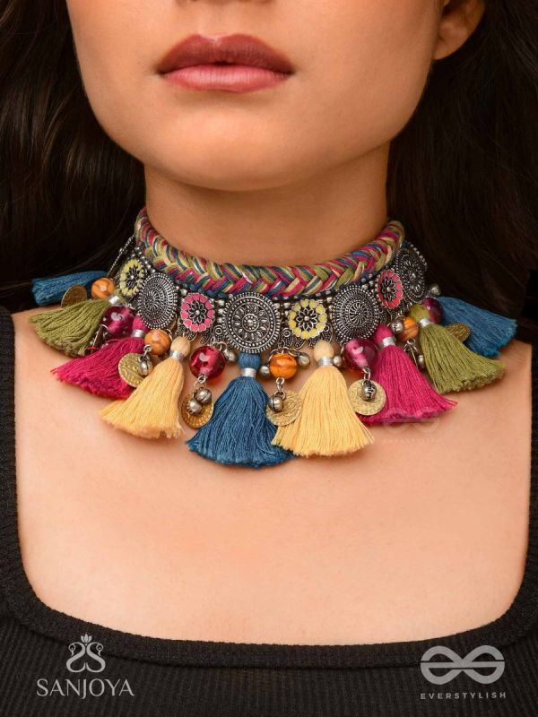 Akalka - The Moonlit Fur - Resham, Beads And Coins Hand Embroidered Oxidised Choker Neckpiece