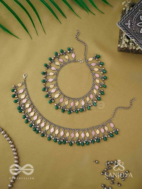 Kadkani - The Pastel Bells - Enamelled Oxidised Anklets (Set Of 2)