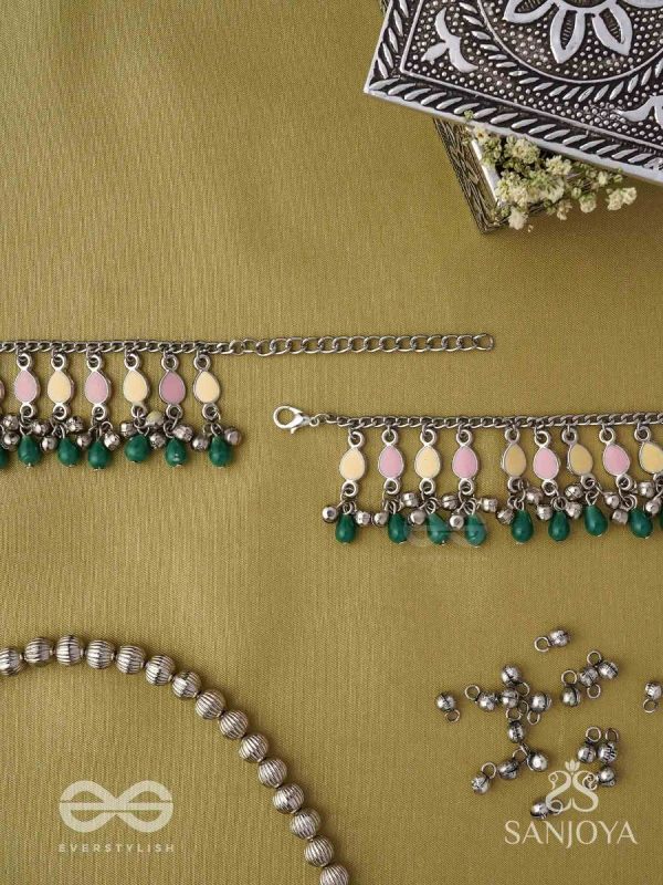 Kadkani - The Pastel Bells - Enamelled Oxidised Anklets (Set Of 2)