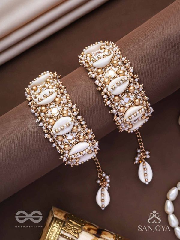 Prachurya - The Marine Abundance - Shells, Mirrors And Beads Hand Embroidered Cuff Bracelets (Set Of 2)