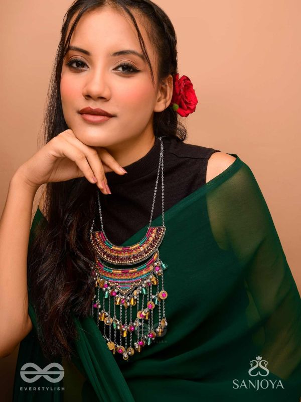 Kvan - The Layered Chimes - Resham, Beads, Coins And Glass Drops Hand Embroidered Oxidised Neckpiece