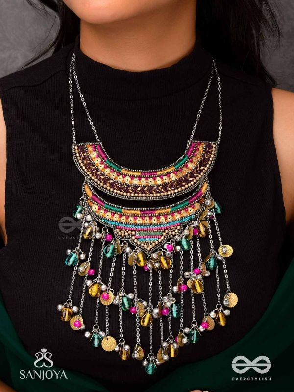 Kvan - The Layered Chimes - Resham, Beads, Coins And Glass Drops Hand Embroidered Oxidised Neckpiece
