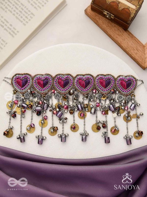 Prageet - Song Of The Hearts - Resham, Dabka, Beads And Coins Hand Embroidered Oxidised Choker Neckpiece