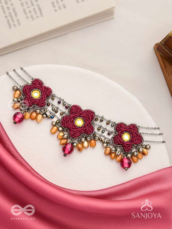 Sumanas - The Burgundy Flowers - Mirror, Resham, Dabka And Glass Drops Hand Embroidered Oxidised Choker Neckpiece