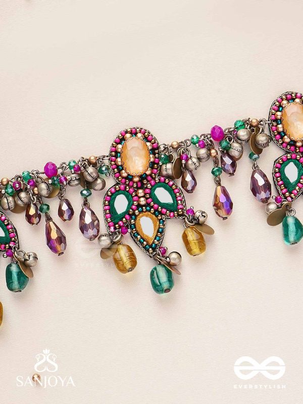 Bhramaparna - The Spell Of Stones - Stones, Mirror, Coins And Glass Drops Hand Embroidered Oxidised Choker Neckpiece