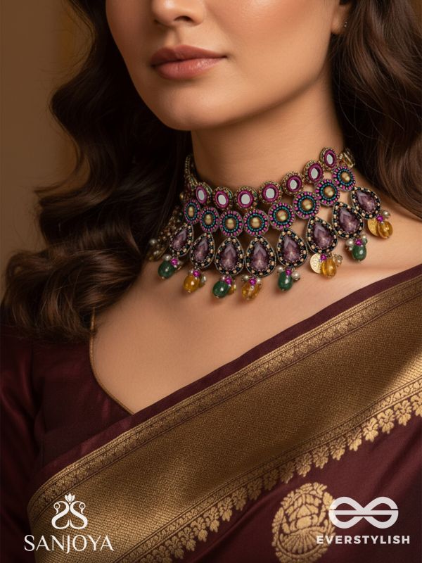 Vashikrit - The Hypnotic Tiers - Mirror, Stones, Coins And Glass Drops Hand Embroidered Oxidised Choker Neckpiece