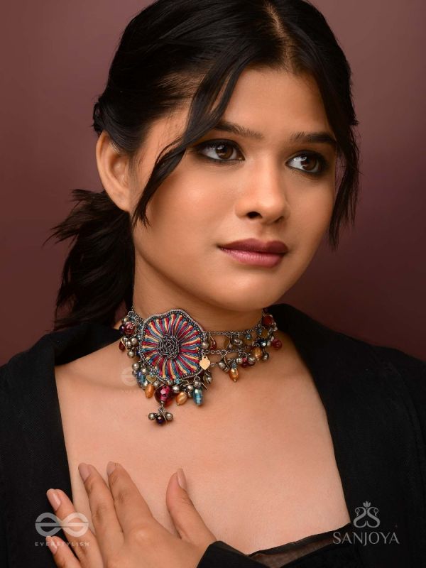 Shaleenta - The Shy Posy - Resham, Dabka And Glass Drops Hand Embroidered Oxidised Choker Neckpiece