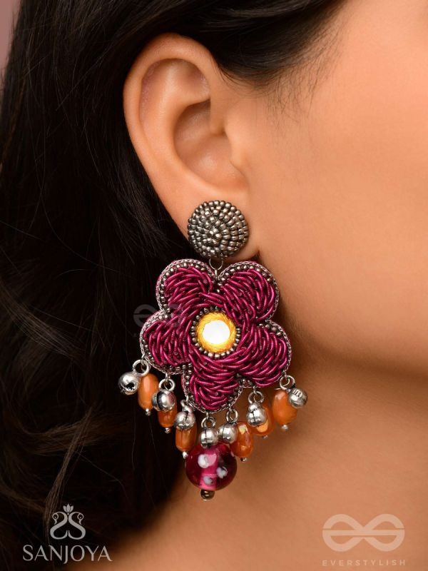 Svastmit - Bloom In The Sunset - Mirror, Dabka, Resham And Glass Drops Hand Embroidered Oxidised Earrings