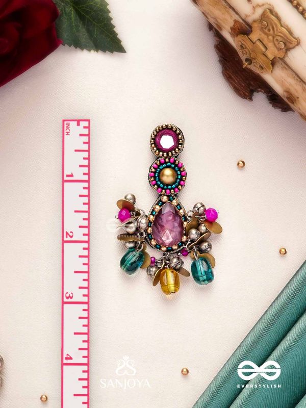 Agrihini - The Amethyst Glow - Stones, Mirrors, Coins And Glass Drops Hand Embroidered Earrings