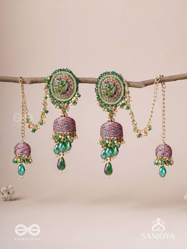 Puravati - The Vineyard Castles - Resham, Beads And Glass Drops Hand Embroidered Jhumka Chain Earrings