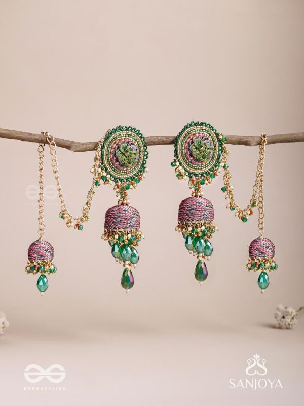 Puravati - The Vineyard Castles - Resham, Beads And Glass Drops Hand Embroidered Jhumka Chain Earrings