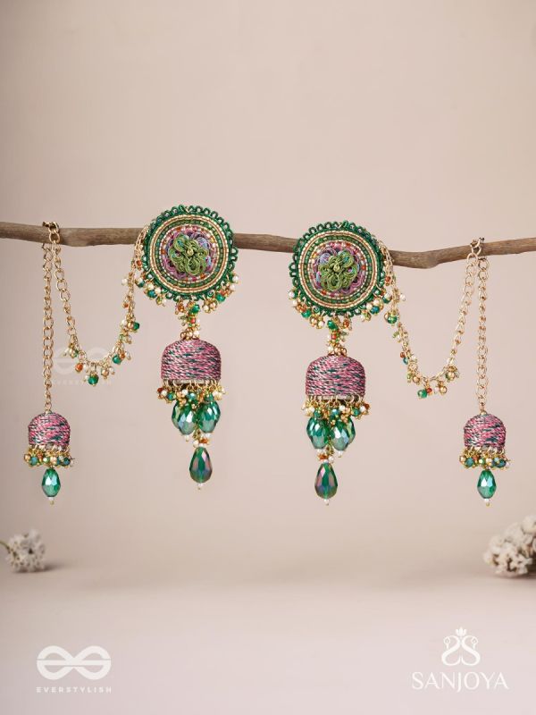 Puravati - The Vineyard Castles - Resham, Beads And Glass Drops Hand Embroidered Jhumka Chain Earrings
