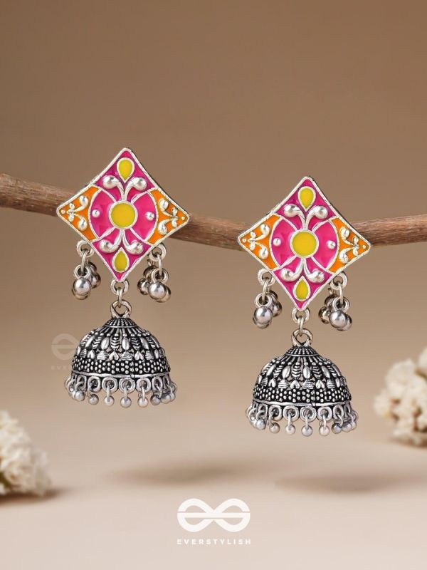 Melodies Of Twilight - Enamelled Oxidised Jhumka Earrings