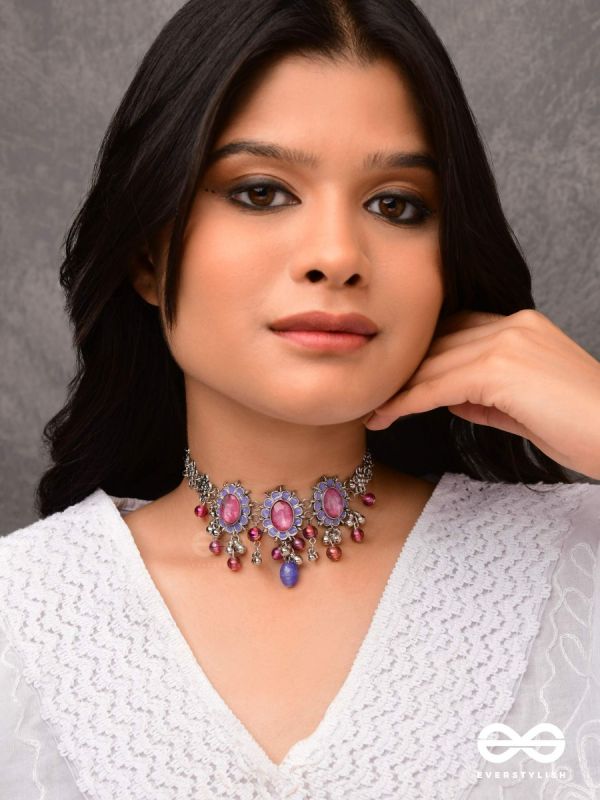 The Flowery Essence - Stone And Glass Drops Enamelled Oxidised Neckpiece