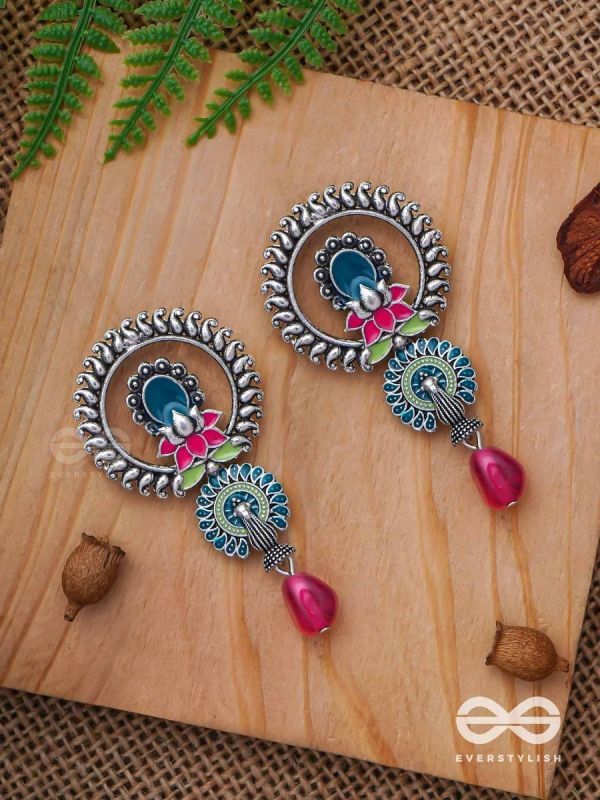 The Peacock Nelumbos - Enamelled Oxidised Earrings