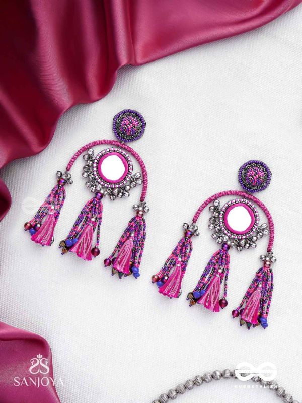 Madhurya - The Charismatic Mirrors - Mirrors, Beads And Resham Hand Embroidered Oxidised Earrings