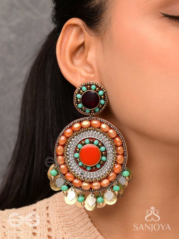 Kadrav - The Auburn Peals - Beads And Coins Hand Embroidered Enamelled Oxidised Earrings