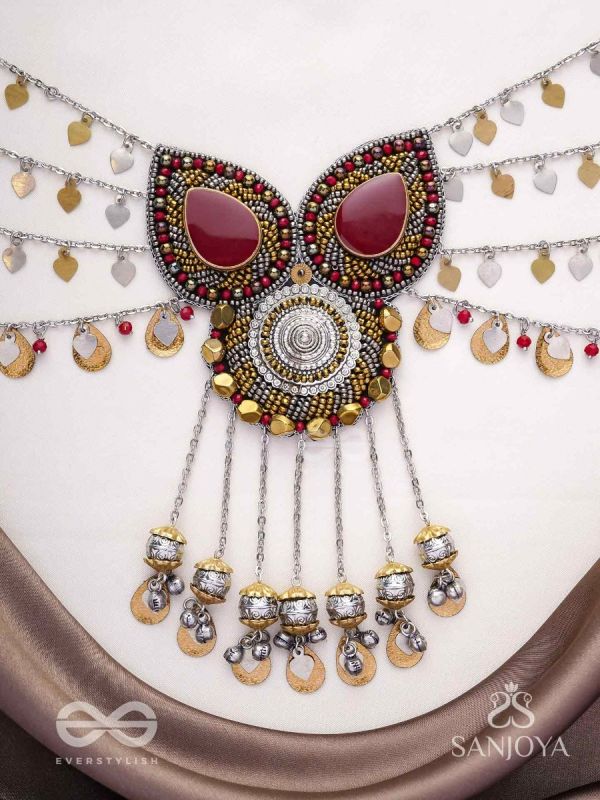 Sambhrit - The Mighty Chants - Beads And Coins Hand Embroidered Oxidised Neckpiece