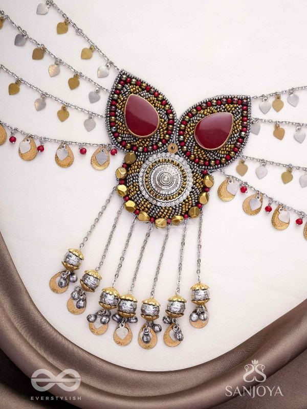 Sambhrit - The Mighty Chants - Beads And Coins Hand Embroidered Oxidised Neckpiece