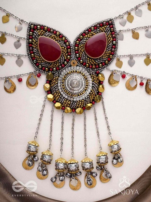Sambhrit - The Mighty Chants - Beads And Coins Hand Embroidered Oxidised Neckpiece