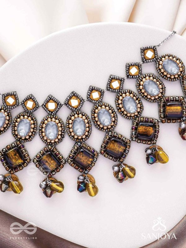 Haridhumra- The Amber Chestnut - Stones, Beads, Coins And Glass Drops Hand Embroidered Oxidised Neckpiece