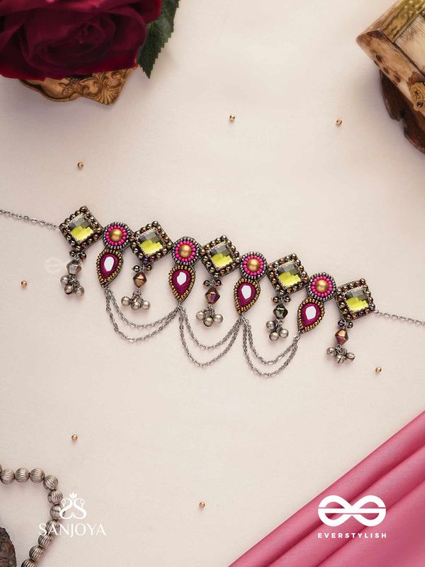 Alankarya - The Bejewelled Shalimar - Stones, Beads And Mirrors Hand Embroidered Oxidised Choker Neckpiece