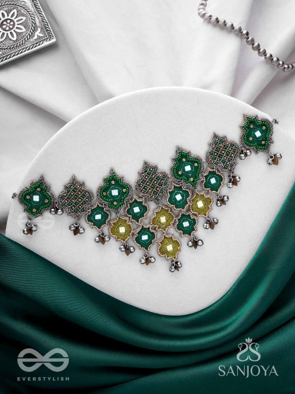 Aardratva - The Lush Cascade - Resham, Mirror And Dabka Hand Embroidered Oxidised Neckpiece