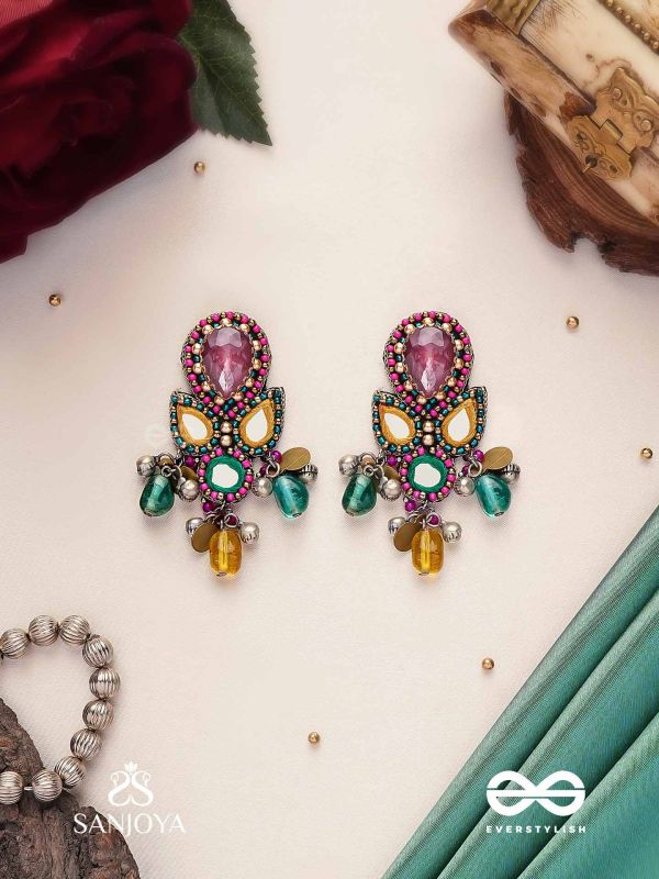 Guhyani - The Mysterious Hues - Stone, Mirrors And Glass Drops Hand Embroidered Earrings