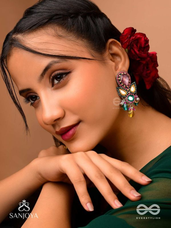 Guhyani - The Mysterious Hues - Stone, Mirrors And Glass Drops Hand Embroidered Earrings