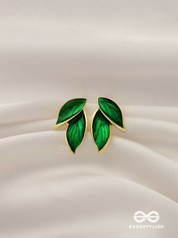 Petals Panache - Golden Enamelled Earrings (Green)