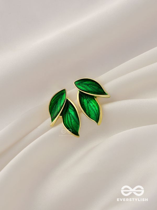 Petals Panache - Golden Enamelled Earrings (Green)