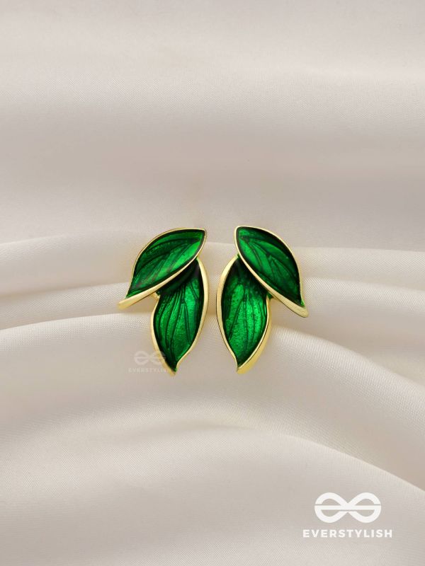 Petals Panache - Golden Enamelled Earrings (Green)