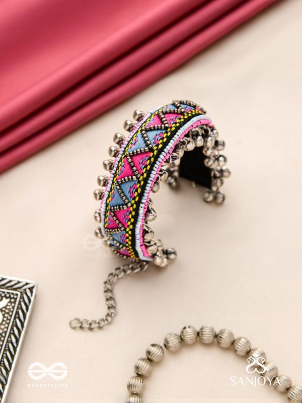 Prashman - The Soothing Landscape - Beads And Resham Hand Embroidered Oxidised Cuff Bracelet