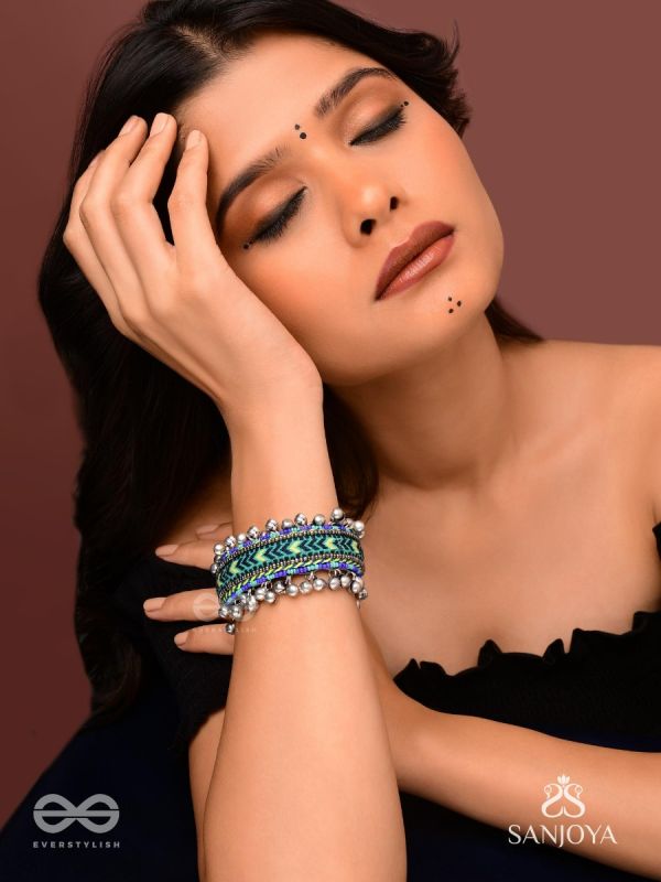 Vedhan - The Oceanic Depths - Resham And Beads Hand Embroidered Oxidised Cuff Bracelet