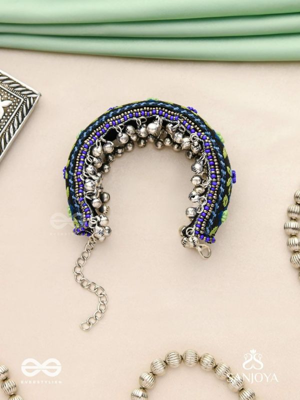 Padmacharini - The Divine Orchids - Resham And Beads Hand Embroidered Oxidised Cuff Bracelet