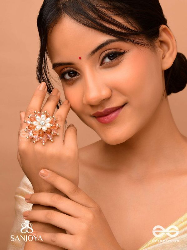 Sharadgat - The Autumn Magic - Beads, Pearl And Glass Drops Hand Embroidered Ring (Adjustable)