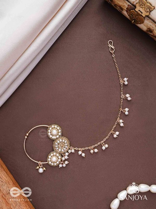 Haimavat - The Pearl Trail - Pearls And Beads Hand Embroidered Nath (Non-Piercing)