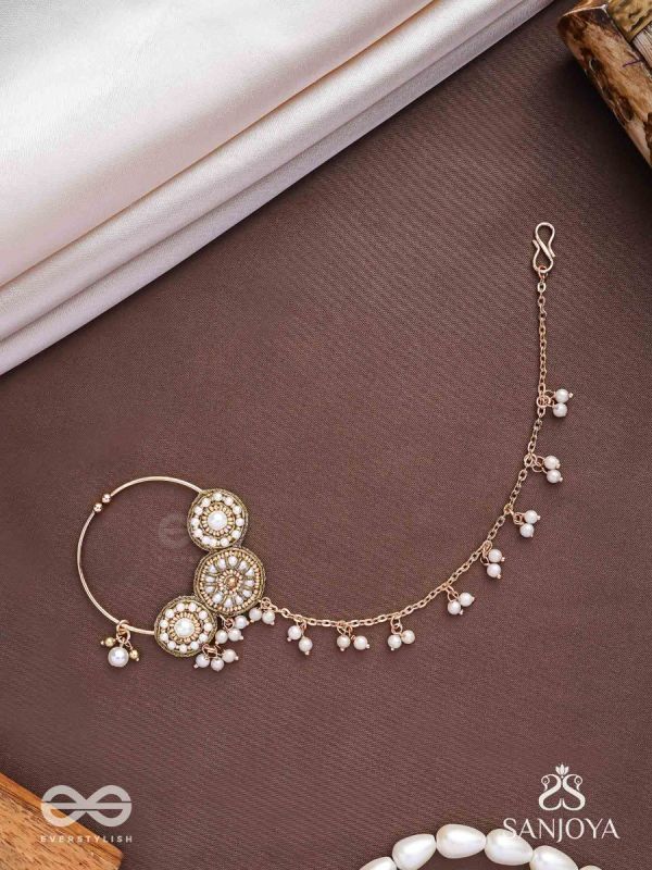 Haimavat - The Pearl Trail - Pearls And Beads Hand Embroidered Nath (Non-Piercing)