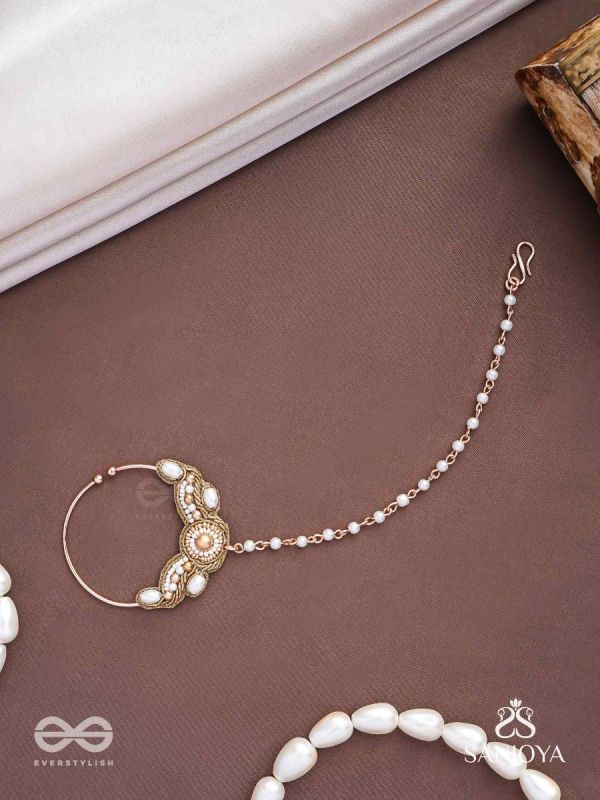Varchasam - The Treasured Radiance - Pearls, Beads And Dabka Hand Embroidered Nath (Non-Piercing)