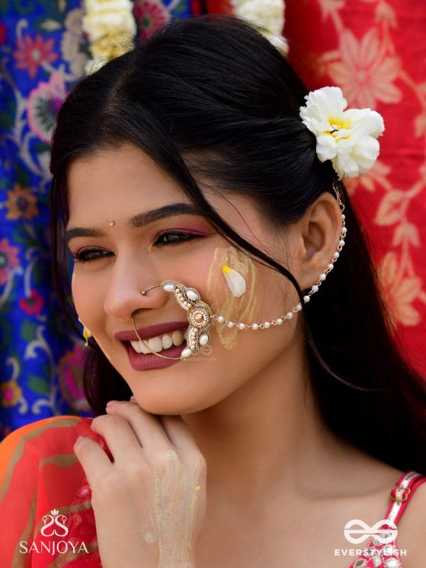 Varchasam - The Treasured Radiance - Pearls, Beads And Dabka Hand Embroidered Nath (Non-Piercing)