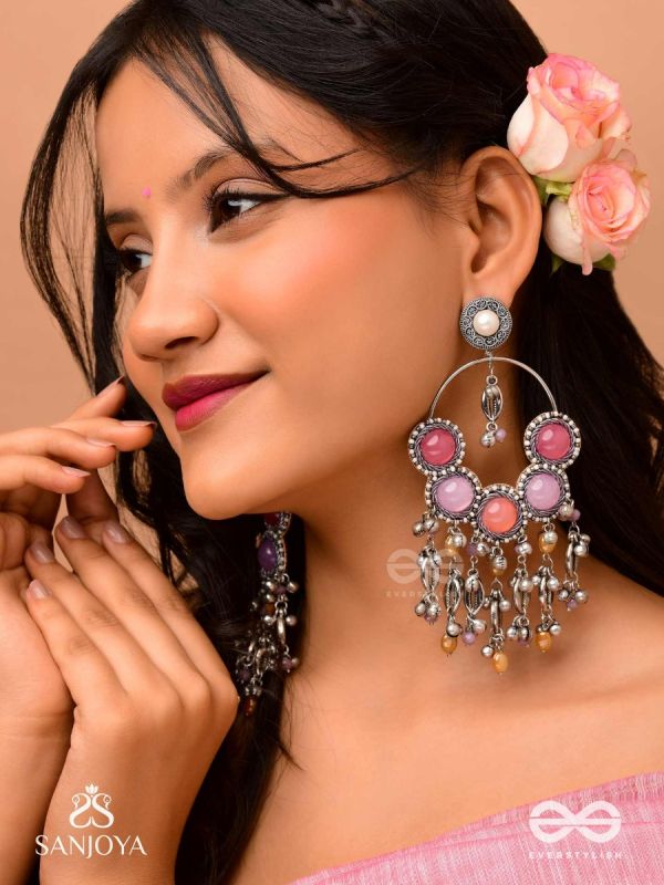 Durvarna - The Silvery Chimes - Beads, Shells And Glass Drops Hand Embroidered Earrings