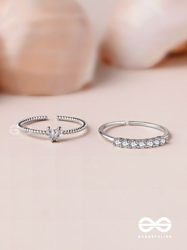 The Diamond Beauty - Silver Cubic Zirconia Rings (Set Of 2 Adjustable)