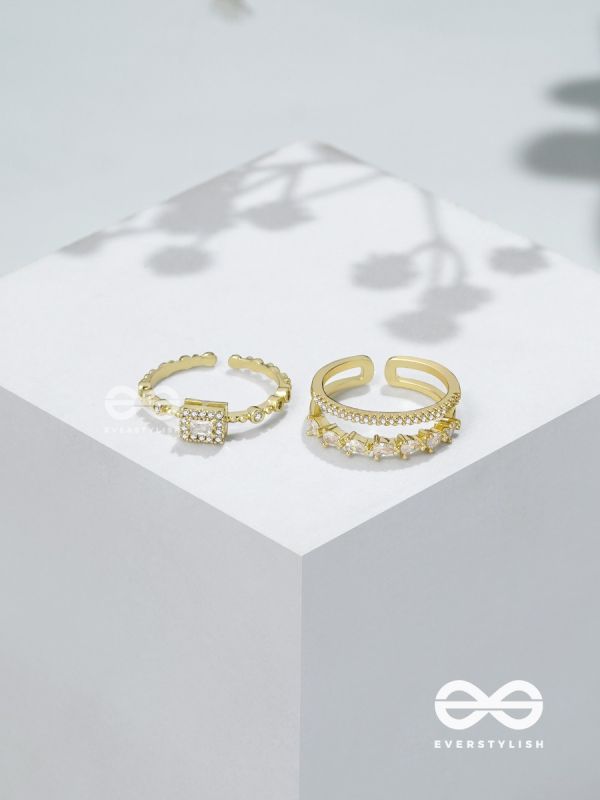 The Diamond Dreams - Golden Cubic Zirconia Rings (Set Of 2 Adjustable)