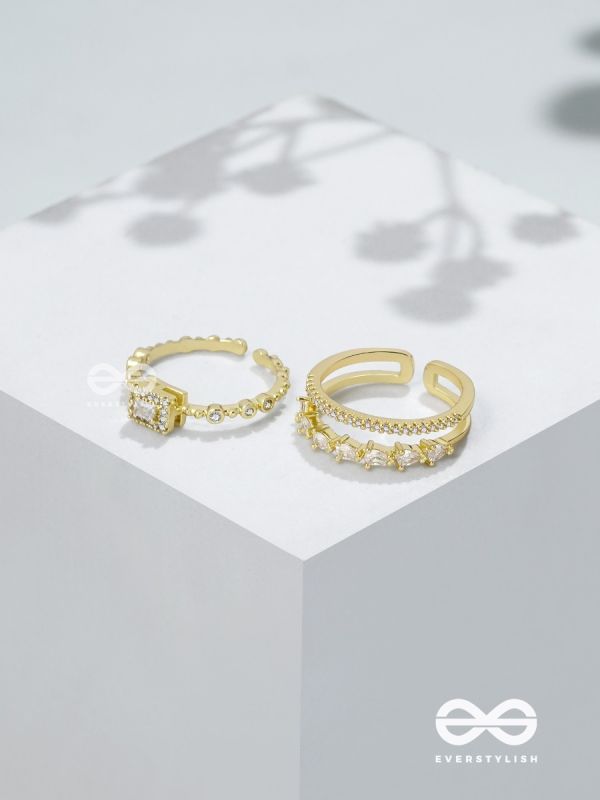 The Diamond Dreams - Golden Cubic Zirconia Rings (Set Of 2 Adjustable)