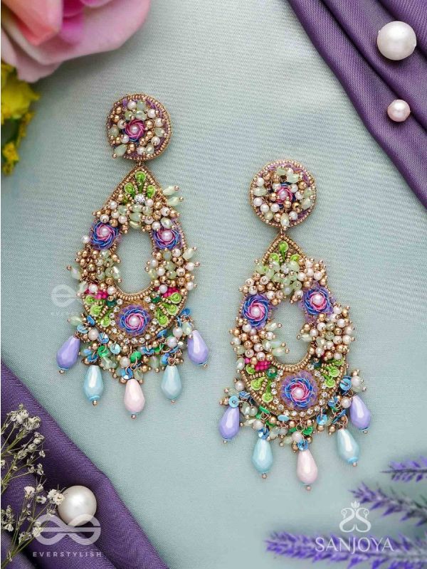 MANJUSUMANA - BEAUTIFUL BLOSSOM - SEQUINS, BEADS AND GLASS DROPS HAND EMBROIDERED EARRINGS