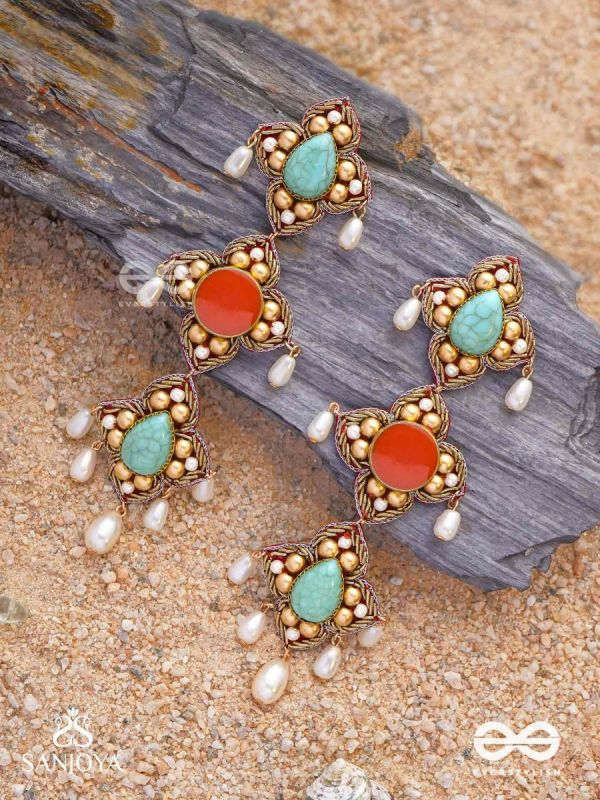 Bhritpushpa - The Floral Cascade - Beads, Dabka And Pearl Drops Hand Embroidered Earrings