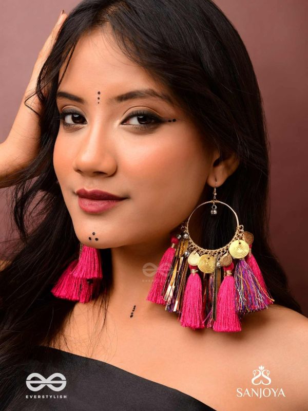 Aruniman - The Scarlet Melody - Resham, Coins And Beads Hand Embroidered Oxidised Hoop Earrings