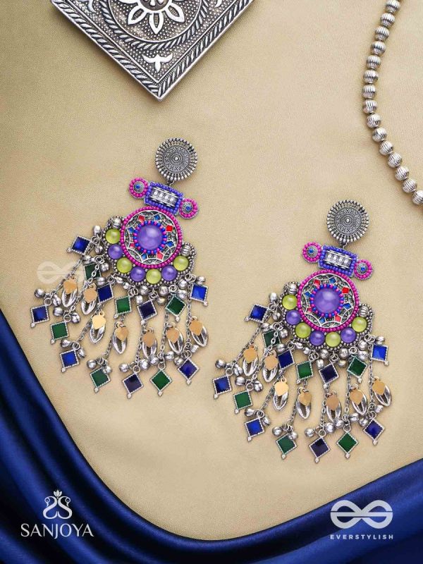 Bahushast - The Merry Sky - Beads And Shells Hand Embroidered Enamelled Oxidised Earrings