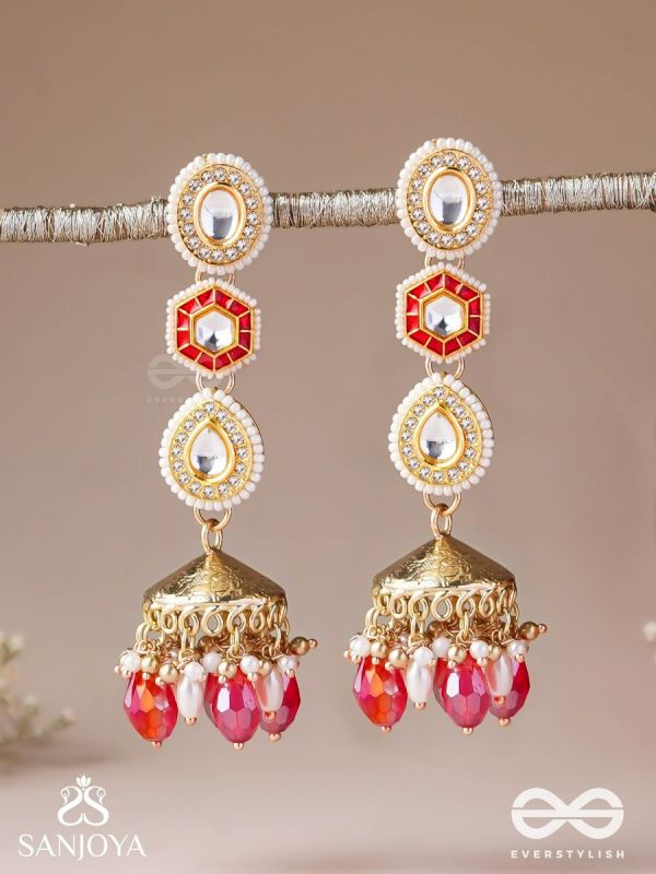 Suvarnmani - The Golden Gem –Golden enamel earrings adorned with gemstones and dangling beads